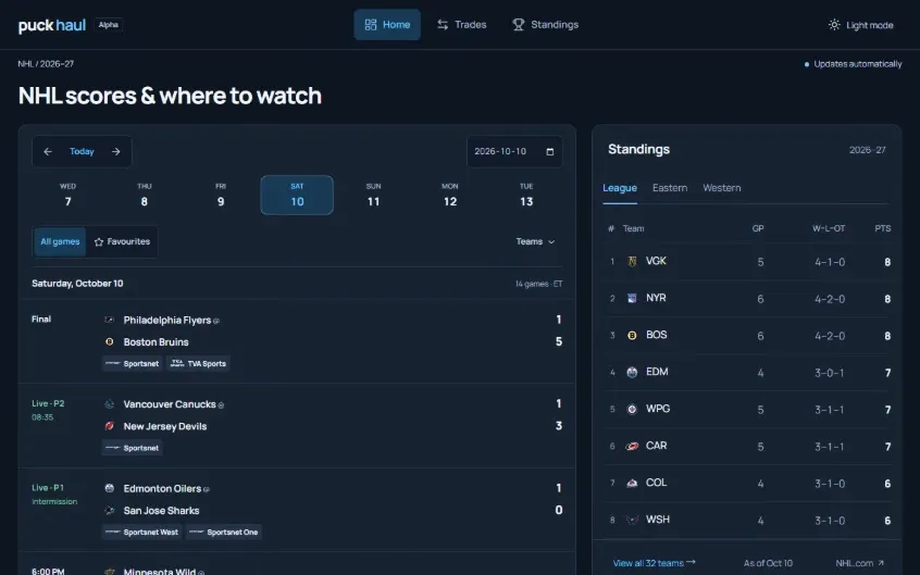 Puck Haul’s home screen, with today’s NHL scores and where to watch beside the league standings